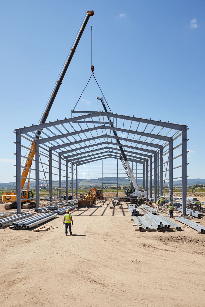 Steel building frame being erected by crane